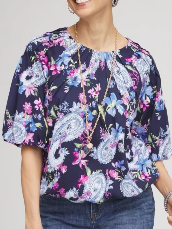 Chico's Tops - CHICO'S PAISLEY PINTUCK BUBBLE HEM TOP. SIZE 2 = LARGE. BLUE/ PINK.